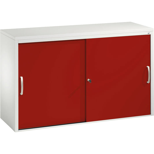 C+P Schiebetürenschrank Acurado 1.200 x 720 x 400 mm (B x H x T) 2 Fachböden Stahl, lackiert Farbe der Front: rubinrot Farbe des Korpus: lichtgrau