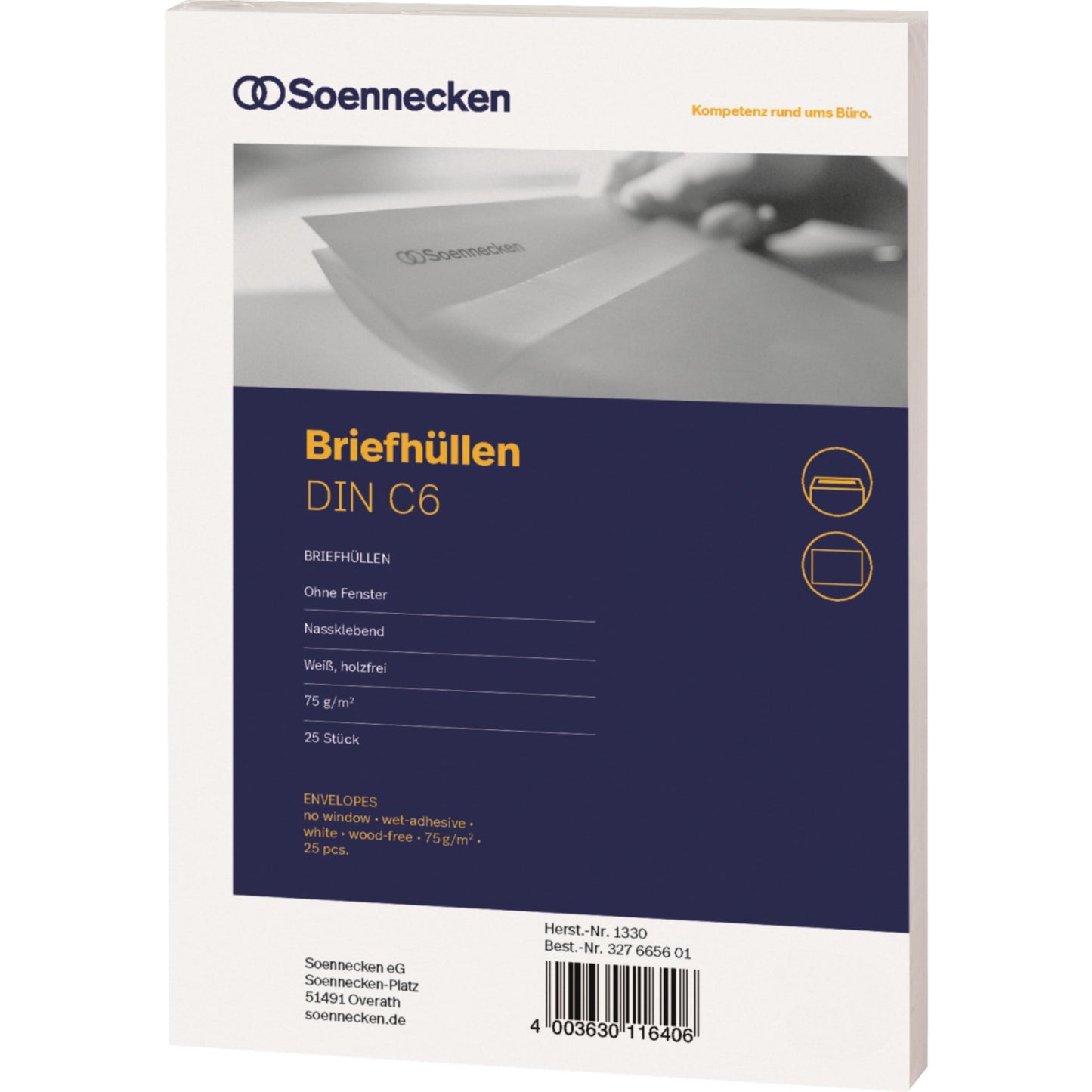 Soennecken Briefumschlag DIN C6 162 x 114 mm (B x H) mit gummierter Klappe ohne Fenster 75g/m² weiß 25 St./Pack.