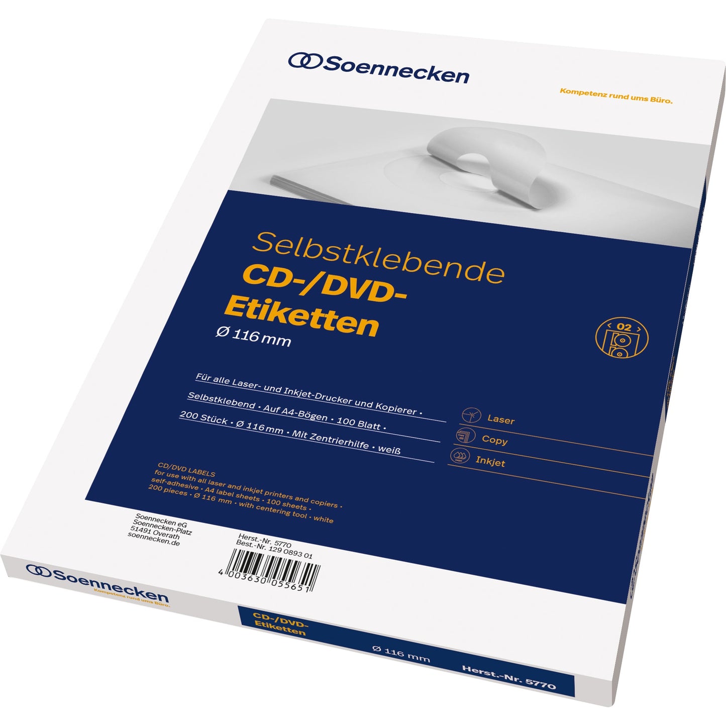 Soennecken CD/DVD Etikett 116mm Papier weiß 200 Etik./Pack.