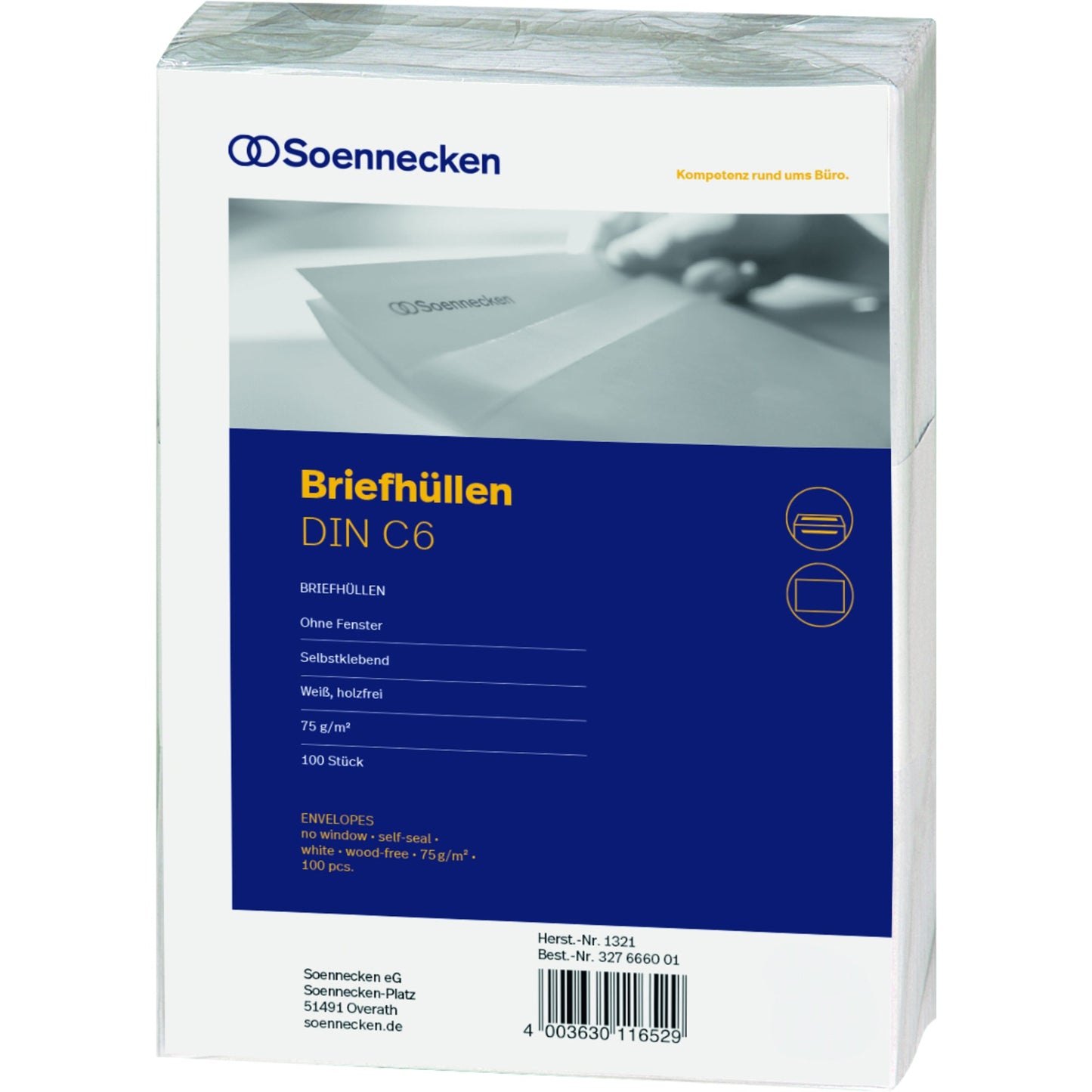 Soennecken Briefumschlag DIN C6 162 x 114 mm (B x H) mit Selbstklebung ohne Fenster 75g/m² weiß 100 St./Pack.