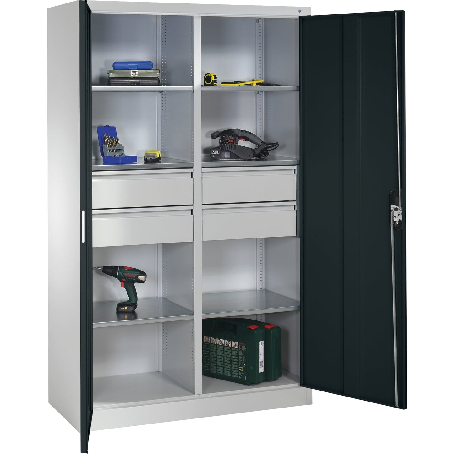 C+P Werkzeugschrank 1.200 x 1.950 x 500 mm (B x H x T) Stahl, lackiert Farbe der Front: schwarzgrau Farbe des Korpus: lichtgrau