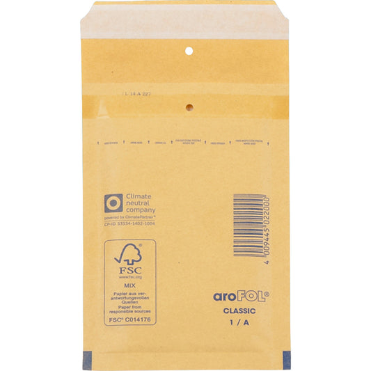 aroFOL® Luftpolstertasche classic Standard 1/A mit Adhäsionsverschluss, Haftklebung, Lochung für Klammer Papier braun 200 St./Pack.
