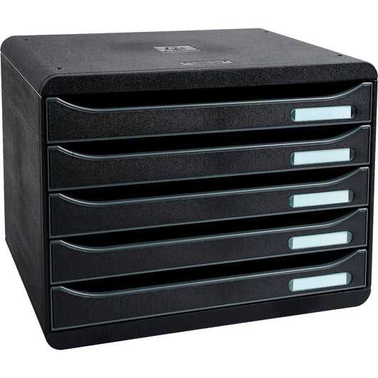 Exacompta Schubladenbox BIG-BOX plus quer 5 Schubladen DIN A4, Überbreite Polystyrol Gehäusefarbe: schwarz Farbe der Schublade: schwarz glossy