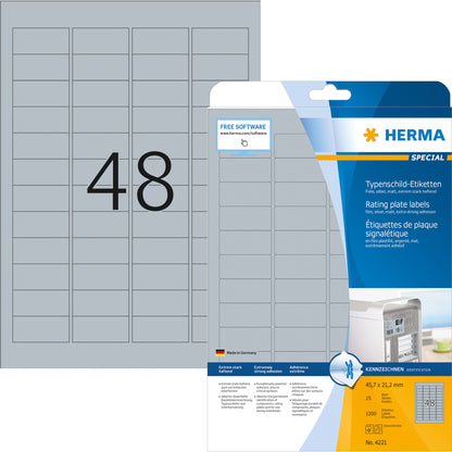 HERMA Typenschildetikett 45,7 x 21,2 mm (B x H) silber 1.200 Etik./Pack.