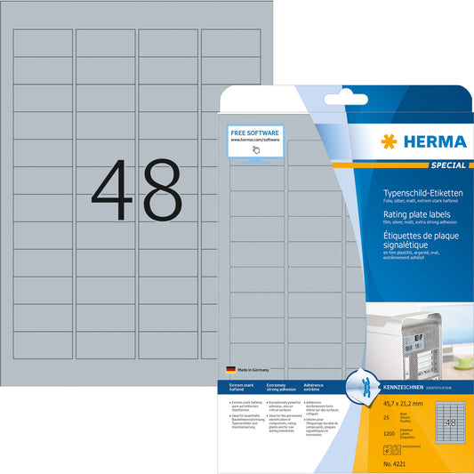 HERMA Typenschildetikett 45,7 x 21,2 mm (B x H) silber 1.200 Etik./Pack.
