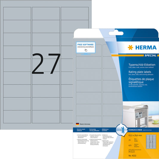 HERMA Typenschildetikett 63,5 x 29,6 mm (B x H) silber 675 Etik./Pack.