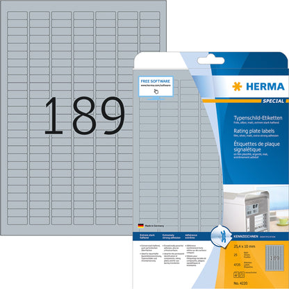 HERMA Typenschildetikett 25,4 x 10 mm (B x H) silber 4.725 Etik./Pack.