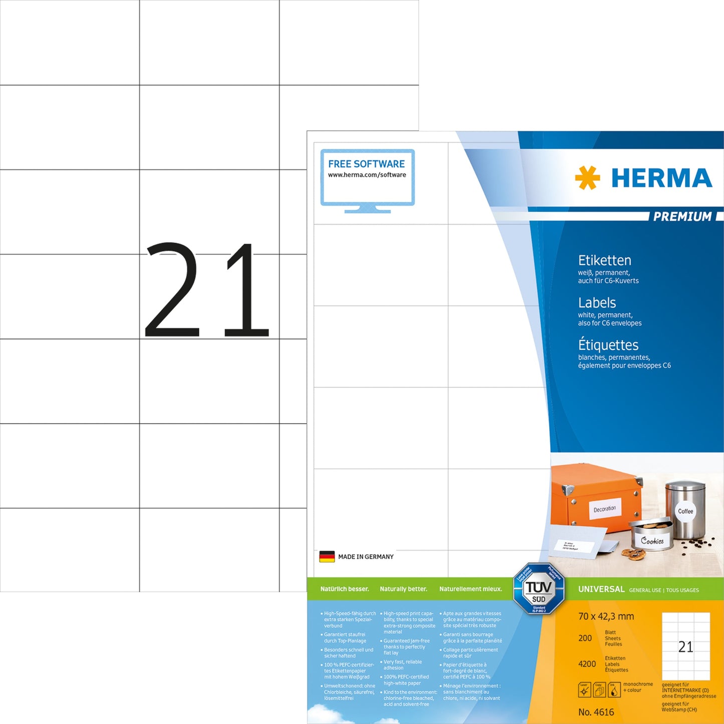 HERMA Universaletikett PREMIUM 70 x 42,3 mm (B x H) nicht wieder ablösbar Papier weiß 4.200 Etik./Pack.