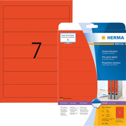 HERMA Ordnerrückenetikett schmal/kurz 38 x 192 mm (B x H) selbstklebend ohne Griffloch rot 140 Etik./Pack.