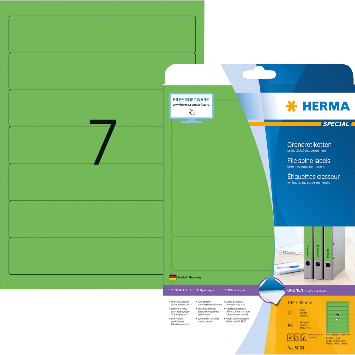 HERMA Ordnerrückenetikett schmal/kurz 38 x 192 mm (B x H) selbstklebend ohne Griffloch grün 140 Etik./Pack.