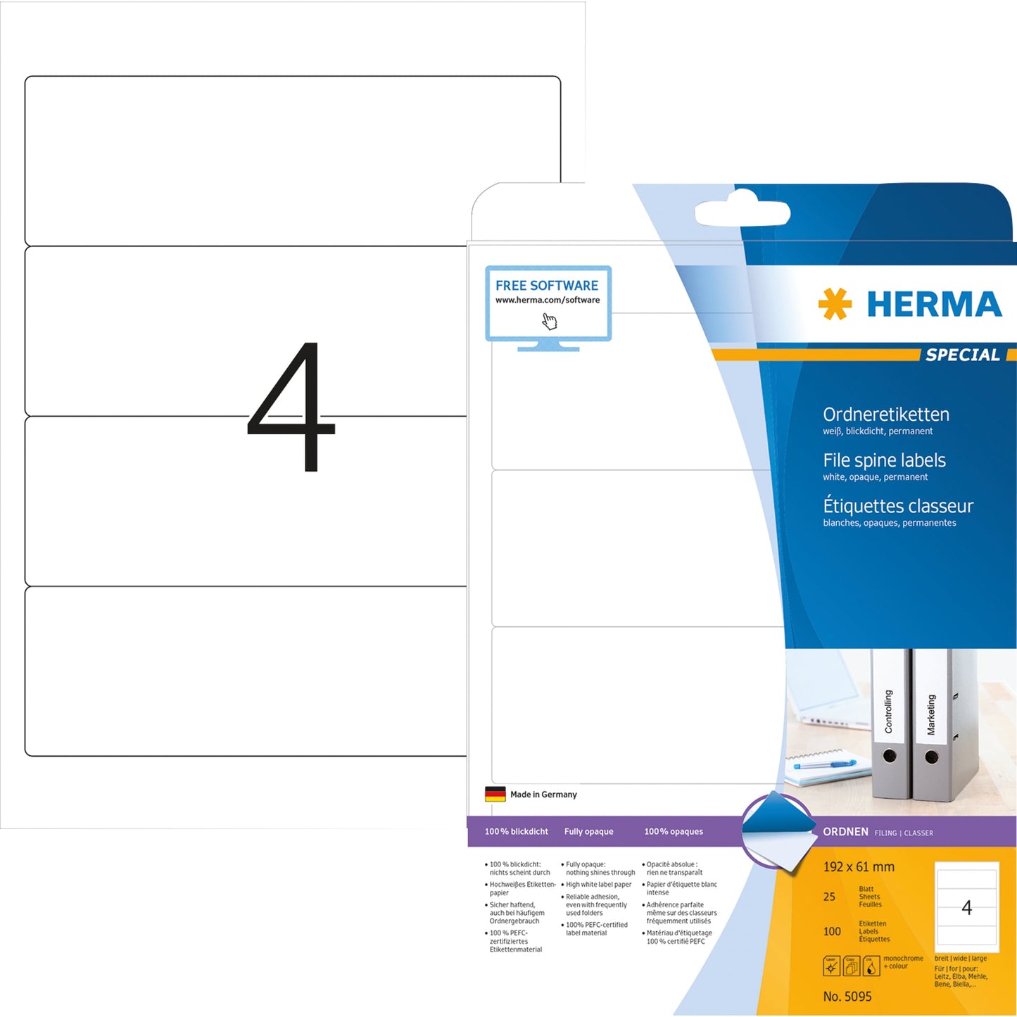 HERMA Ordnerrückenetikett breit/kurz 61 x 192 mm (B x H) selbstklebend ohne Griffloch weiß 100 Etik./Pack.