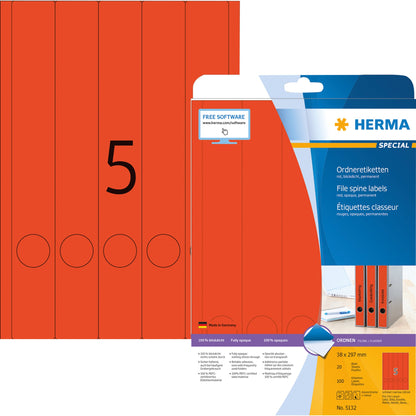 HERMA Ordnerrückenetikett schmal/lang 38 x 297 mm (B x H) selbstklebend mit Griffloch rot 100 Etik./Pack.