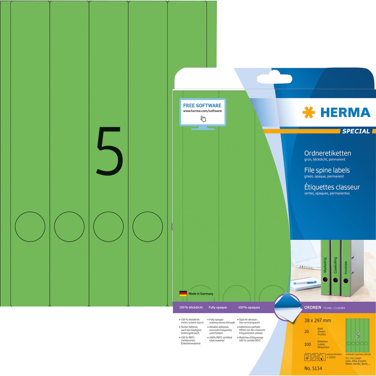 HERMA Ordnerrückenetikett schmal/lang 38 x 297 mm (B x H) selbstklebend mit Griffloch grün 100 Etik./Pack.