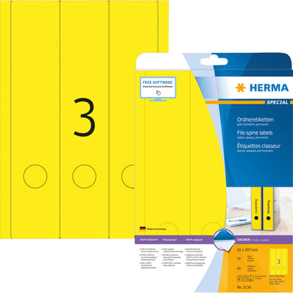 HERMA Ordnerrückenetikett breit/lang 61 x 297 mm (B x H) selbstklebend mit Griffloch gelb 60 Etik./Pack.