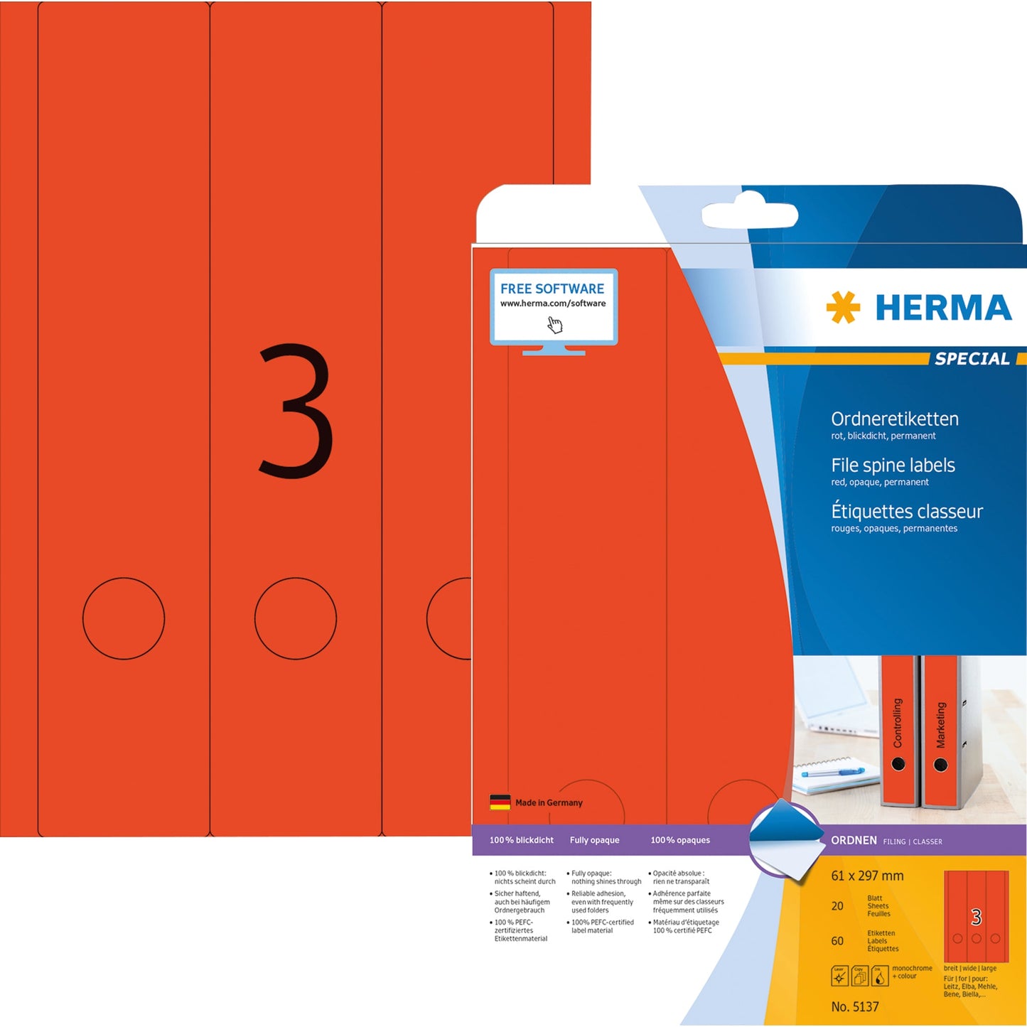 HERMA Ordnerrückenetikett breit/lang 61 x 297 mm (B x H) selbstklebend mit Griffloch rot 60 Etik./Pack.