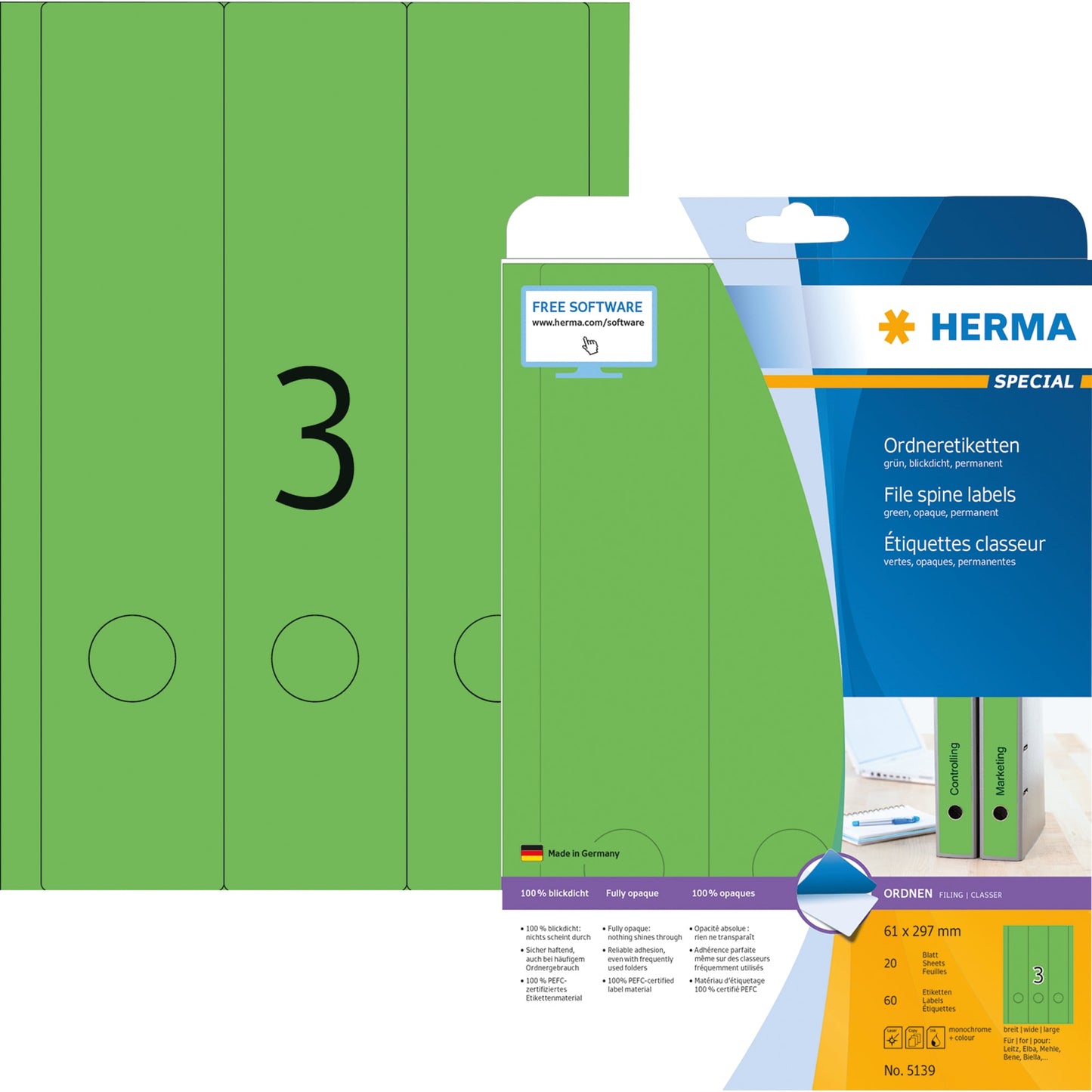 HERMA Ordnerrückenetikett breit/lang 61 x 297 mm (B x H) selbstklebend mit Griffloch grün 60 Etik./Pack.