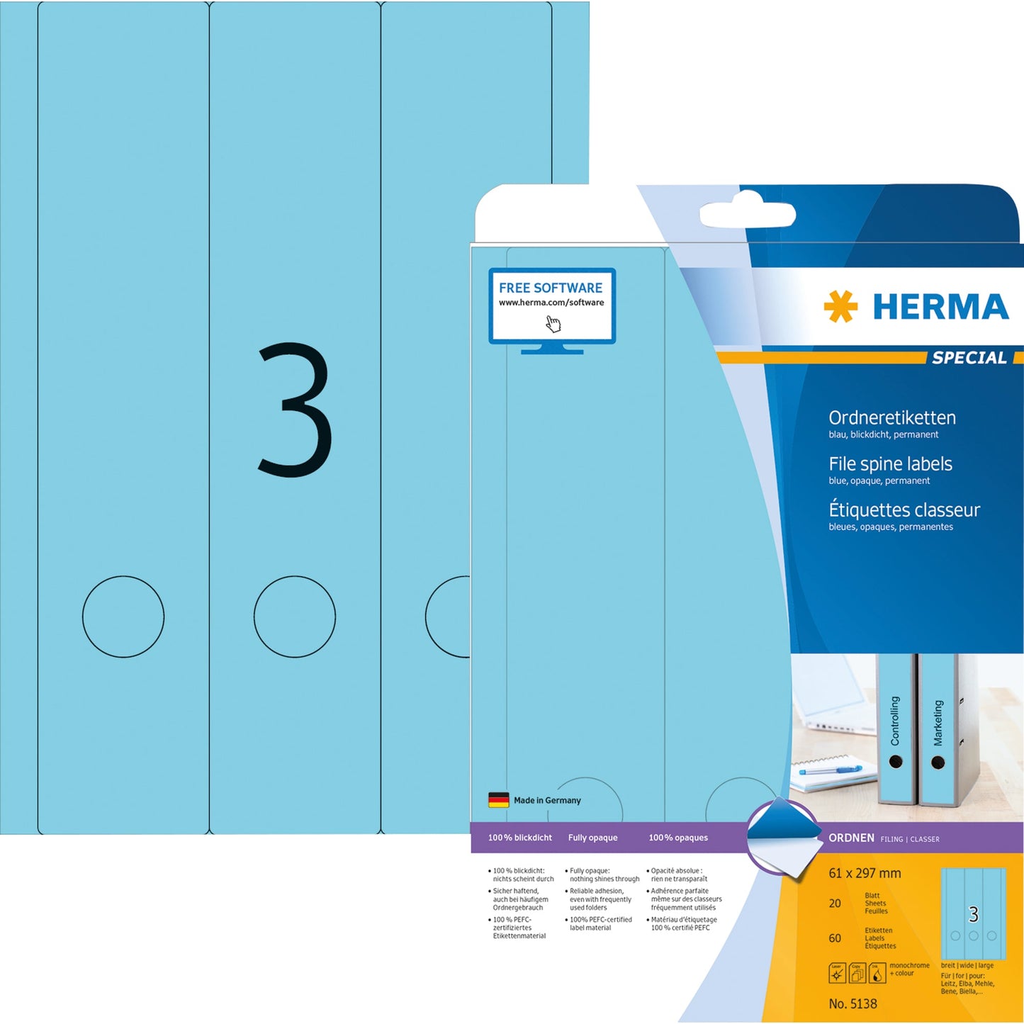 HERMA Ordnerrückenetikett breit/lang 61 x 297 mm (B x H) selbstklebend mit Griffloch blau 60 Etik./Pack.