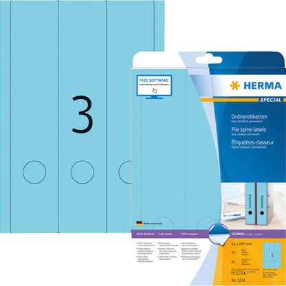 HERMA Ordnerrückenetikett breit/lang 61 x 297 mm (B x H) selbstklebend mit Griffloch blau 60 Etik./Pack.