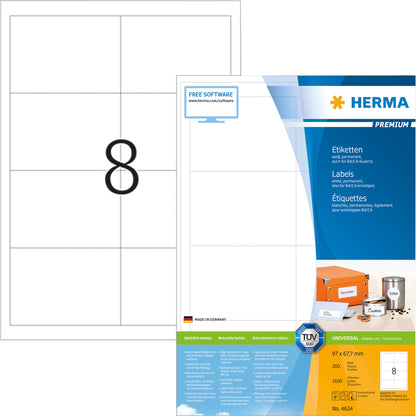 HERMA Universaletikett PREMIUM 97 x 67,7 mm (B x H) nicht wieder ablösbar Papier weiß 1.600 Etik./Pack.