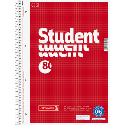 BRUNNEN Collegeblock Student Recycling DIN A4 kariert 70g/m² rot 80 Bl.