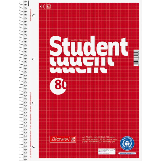 BRUNNEN Collegeblock Student Recycling DIN A4 kariert 70g/m² rot 80 Bl.