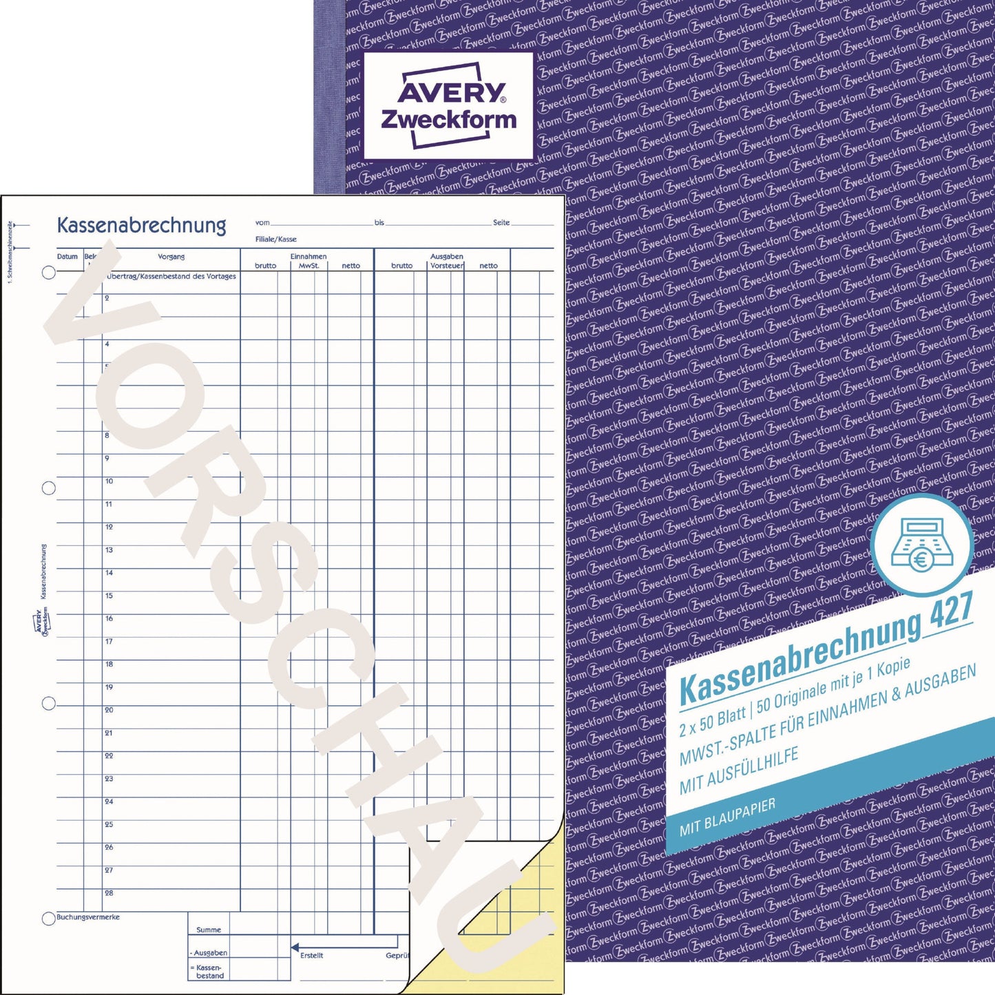 Avery Zweckform Kassenabrechnung 427 DIN A4 nicht selbstdurchschreibend 1 Durchschlag 2 x 50 Bl.