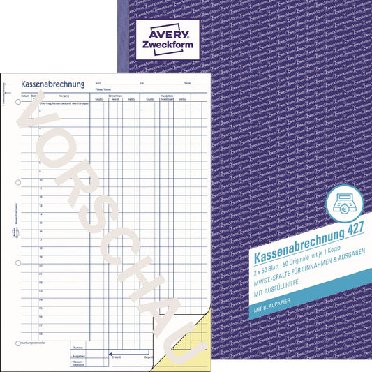 Avery Zweckform Kassenabrechnung 427 DIN A4 nicht selbstdurchschreibend 1 Durchschlag 2 x 50 Bl.