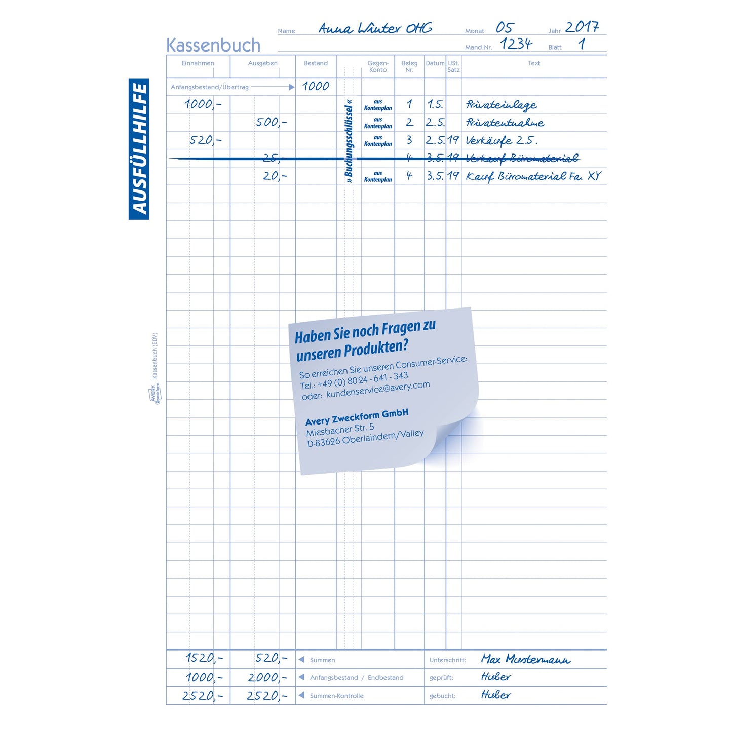 Avery Zweckform Kassenbuch 1756 DIN A4 blau 2 x 40 Bl.