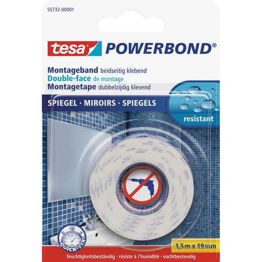 tesa® Montageklebeband Powerbond® Spiegel Innenbereich 19 mm x 1,5 m (B x L) beidseitig klebend weiß