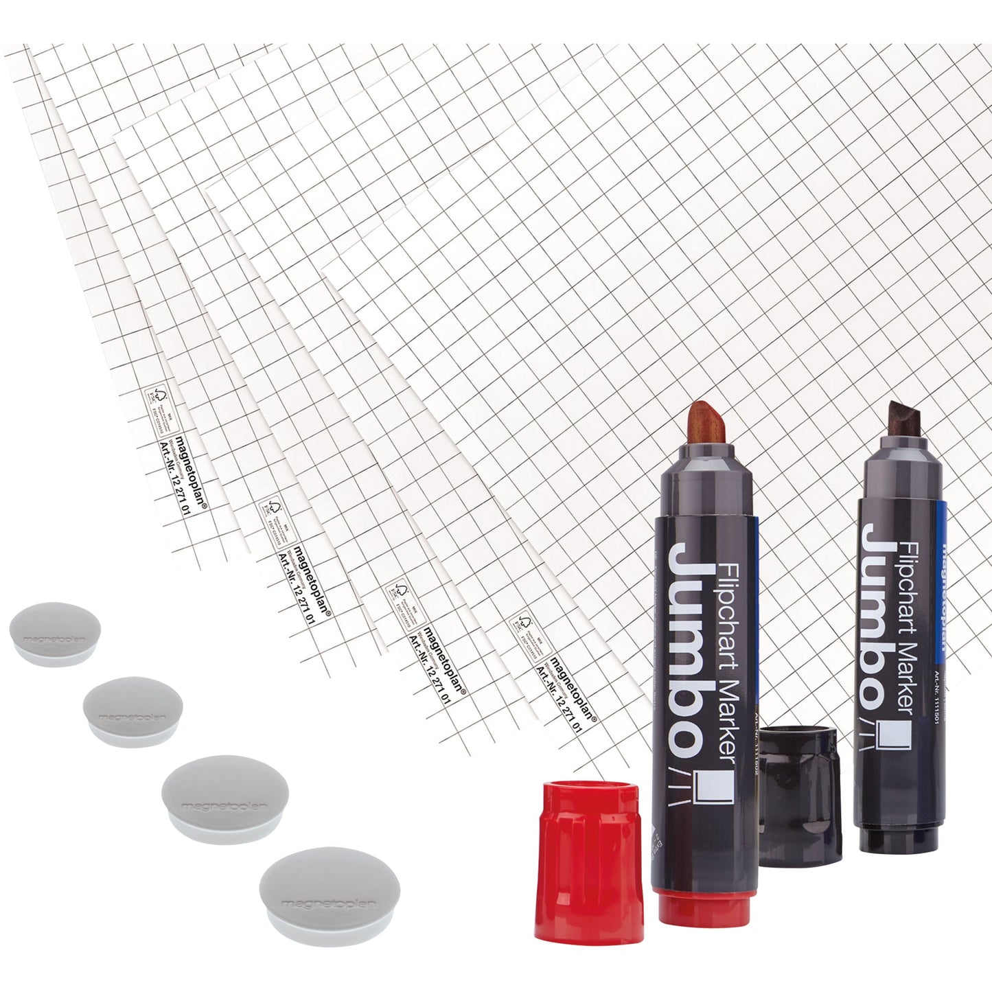 magnetoplan® Starterset Kit 5 x Flipchartpapier, gerollt (5 Blocks á 20 Blatt), 2 x Flipchartmarker Jumbo (schwarz, rot), 4 x Magnete discofix standard, grau (Ø 30 x 8 mm)