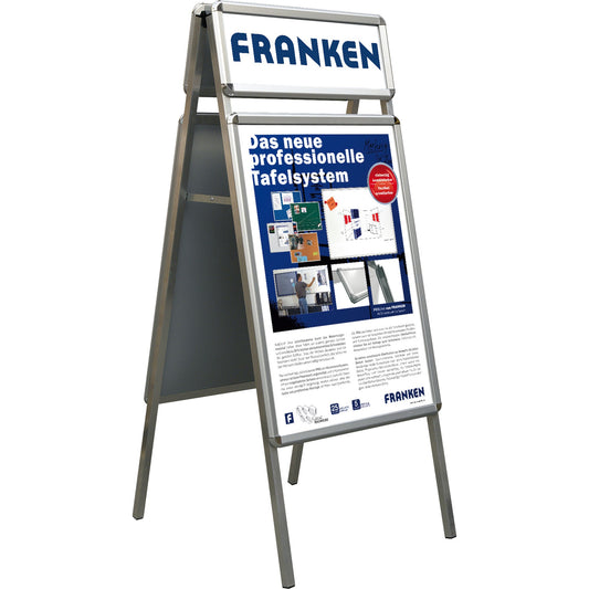 FRANKEN Kundenstopper Standard Plus 64 x 151 x 47,5 cm (B x H x T) DIN A1 zusätzliche Schnellwechselrahmen für 2 x DIN A4 Querformat Aluminium silber