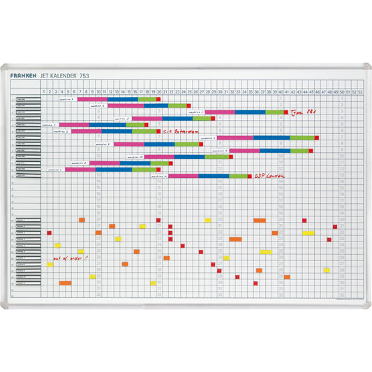 FRANKEN Jahresplaner JetKalender 753 90 x 60 cm (B x H) 53 Wochen inkl. 1 Tafelschreiber trocken abwischbar, 1 FineMarker feucht abwischbar, 3 Haftmagnete Aluminium/Kunststoff weiß
