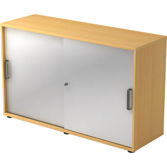 Hammerbacher Schiebetürenschrank 1.200 x 748 x 400 mm (B x H x T) Spanplatte, melaminharzbeschichtet Farbe der Front: silber Farbe des Korpus: buche