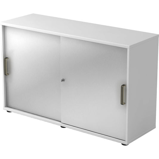 Hammerbacher Schiebetürenschrank 1.200 x 748 x 400 mm (B x H x T) Spanplatte, melaminharzbeschichtet Farbe der Front: silber Farbe des Korpus: weiß