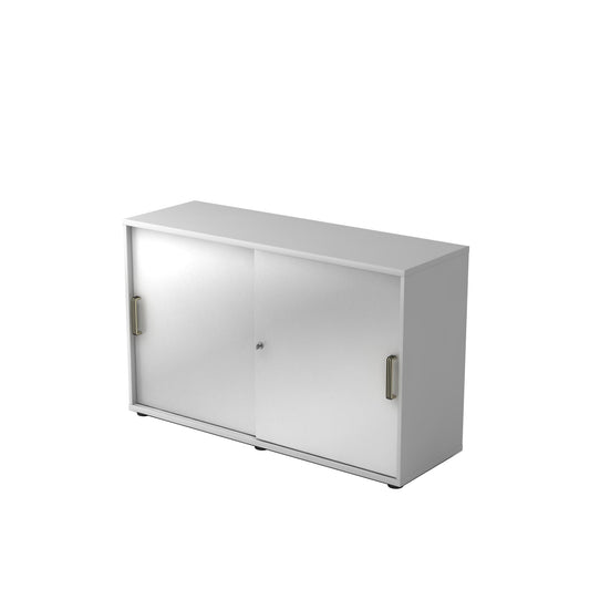 Hammerbacher Schiebetürenschrank 1.200 x 748 x 400 mm (B x H x T) Spanplatte, melaminharzbeschichtet Farbe der Front: silber Farbe des Korpus: grau