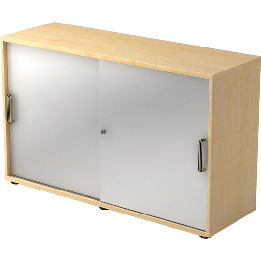 Hammerbacher Schiebetürenschrank 1.200 x 748 x 400 mm (B x H x T) Spanplatte, melaminharzbeschichtet Farbe der Front: silber Farbe des Korpus: ahorn