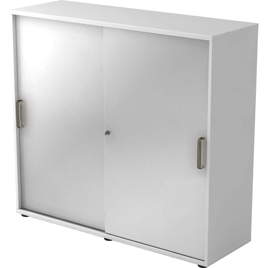 Hammerbacher Schiebetürenschrank 1.200 x 1.100 x 400 mm (B x H x T) Spanplatte, melaminharzbeschichtet Farbe der Front: silber Farbe des Korpus: weiß