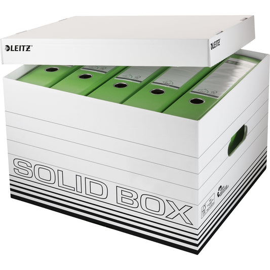 Leitz Archivbox Solid L 34,6 x 30,5 x 45 cm (B x H x T) DIN A4 mit Archivdruck Wellpappe, 100 % recycelt weiß/schwarz