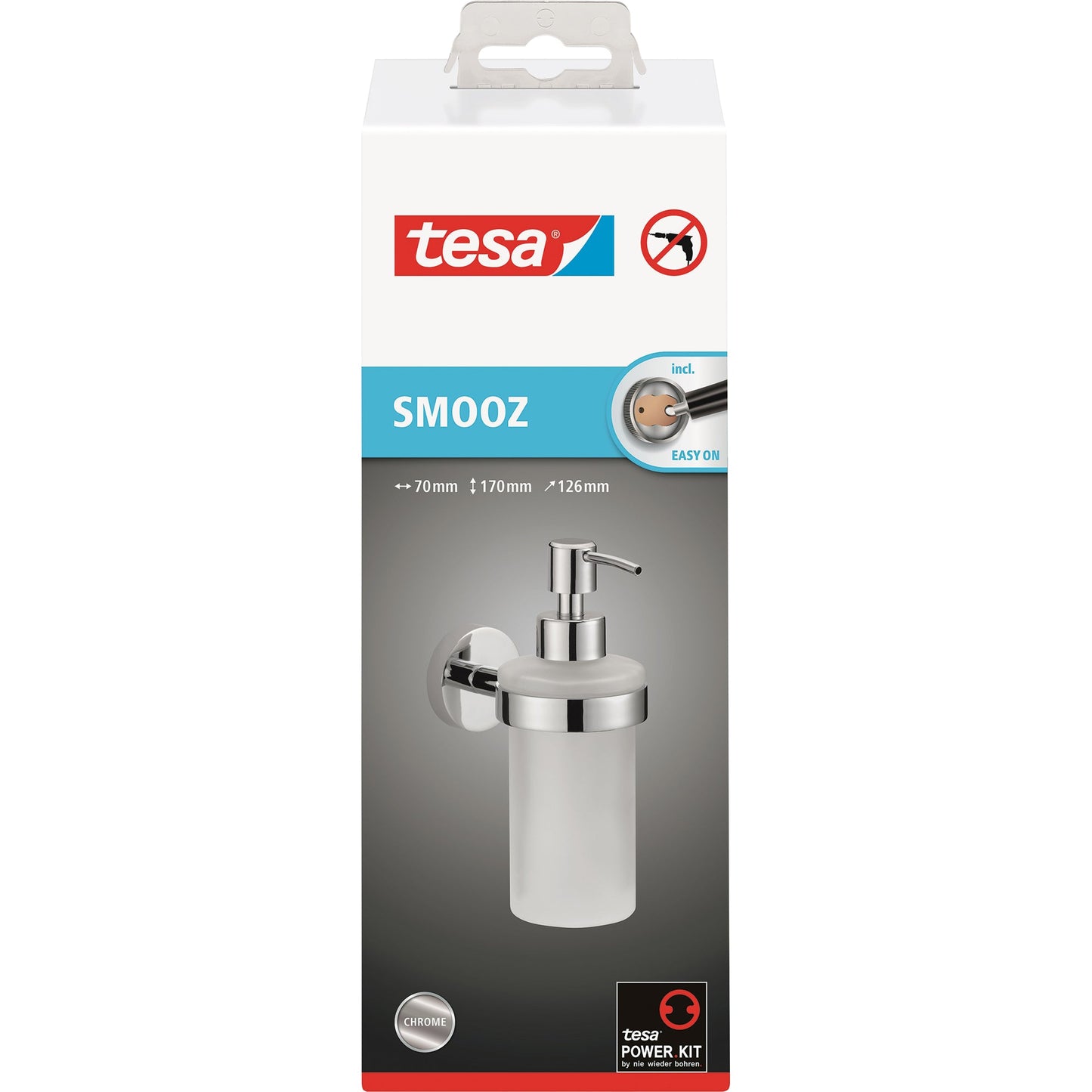 tesa® Seifenspender SMOOZ 7 x 17 x 12,6 cm (B x H x T) 0,2l inkl. Klebelösung ohne Lösungsmittel Metall/Glas chrom/weiß