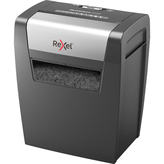 Rexel® Aktenvernichter Momentum X308 P-3 Papier, Heftklammern, Büroklammern Partikelschnitt 9 Bl. schwarz/silber