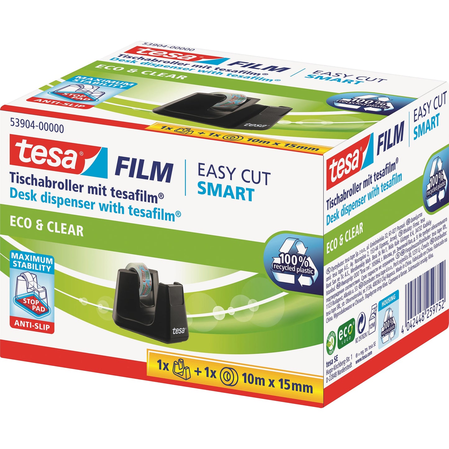 tesa® Tischabroller Easy Cut Smart 19 mm x 33 m (B x L) inkl. 1 Rolle tesafilm® Eco & Clear, 15 mm x 10 m (B x L) ohne Lösungsmittel schwarz