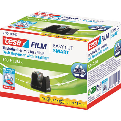 tesa® Tischabroller Easy Cut Smart 19 mm x 33 m (B x L) inkl. 1 Rolle tesafilm® Eco & Clear, 15 mm x 10 m (B x L) ohne Lösungsmittel schwarz