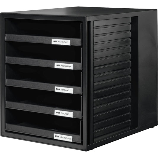 HAN Schubladenbox SCHRANK-SET 5 Schubladen DIN A4 Polystyrol Gehäusefarbe: schwarz Farbe der Schublade: schwarz