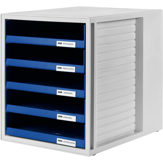 HAN Schubladenbox SCHRANK-SET 5 Schubladen DIN A4 Polystyrol Gehäusefarbe: lichtgrau Farbe der Schublade: blau