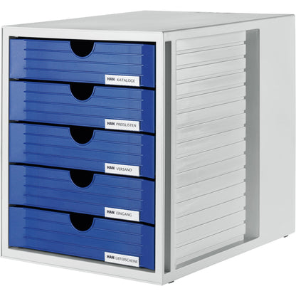 HAN Schubladenbox SYSTEMBOX 5 Schubladen DIN C4 Polystyrol Gehäusefarbe: lichtgrau Farbe der Schublade: blau