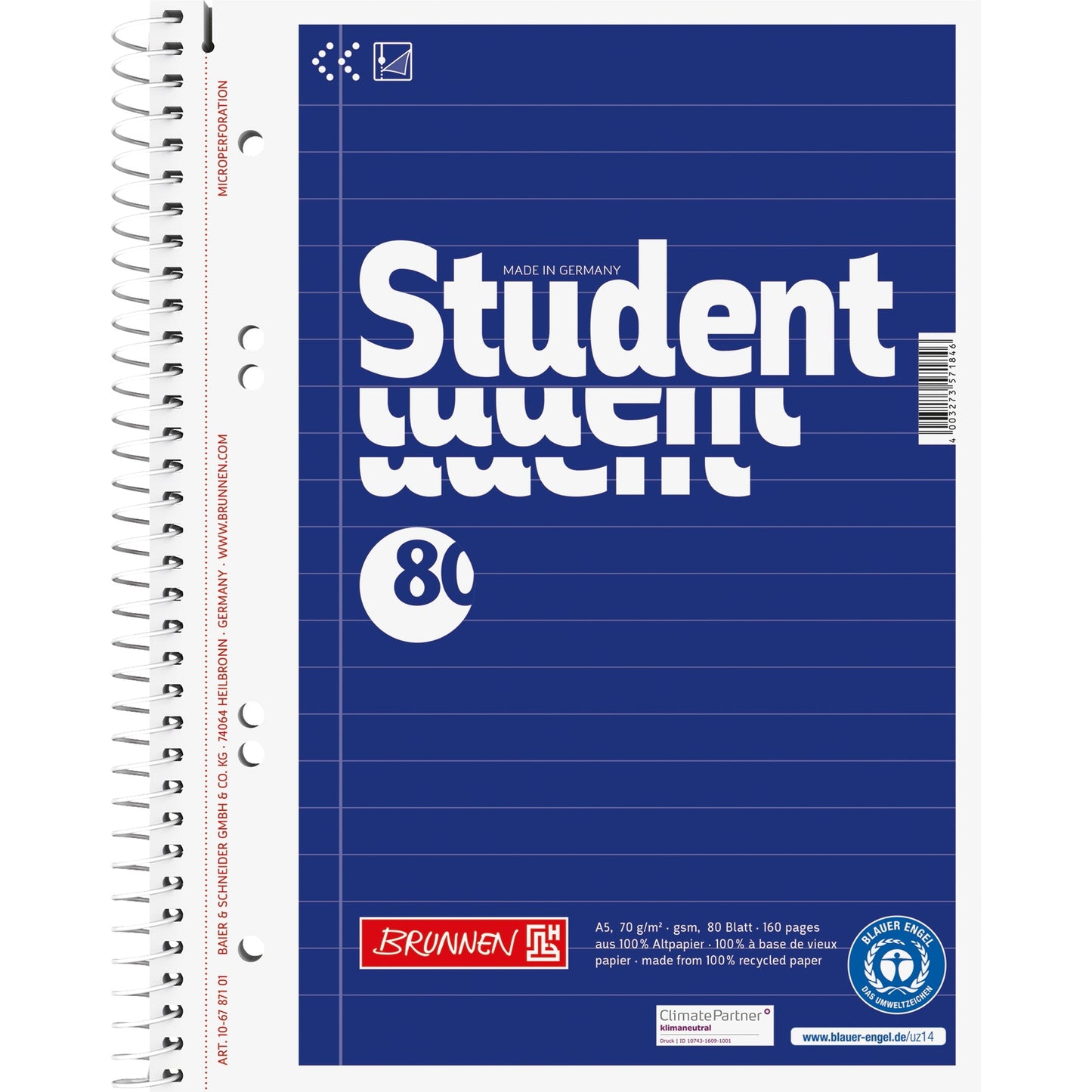 BRUNNEN Collegeblock Student Recycling DIN A5 liniert 70g/m² blau 80 Bl.