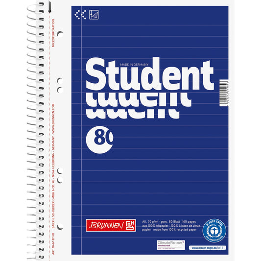 BRUNNEN Collegeblock Student Recycling DIN A5 liniert 70g/m² blau 80 Bl.