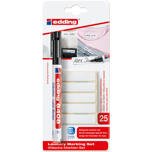 edding Textilmarker Wäsche-Markier-Set 8408 0,75mm schwarz Rundspitze inkl. 25 Aufbügeletiketten 45 x 12 mm (B x H)