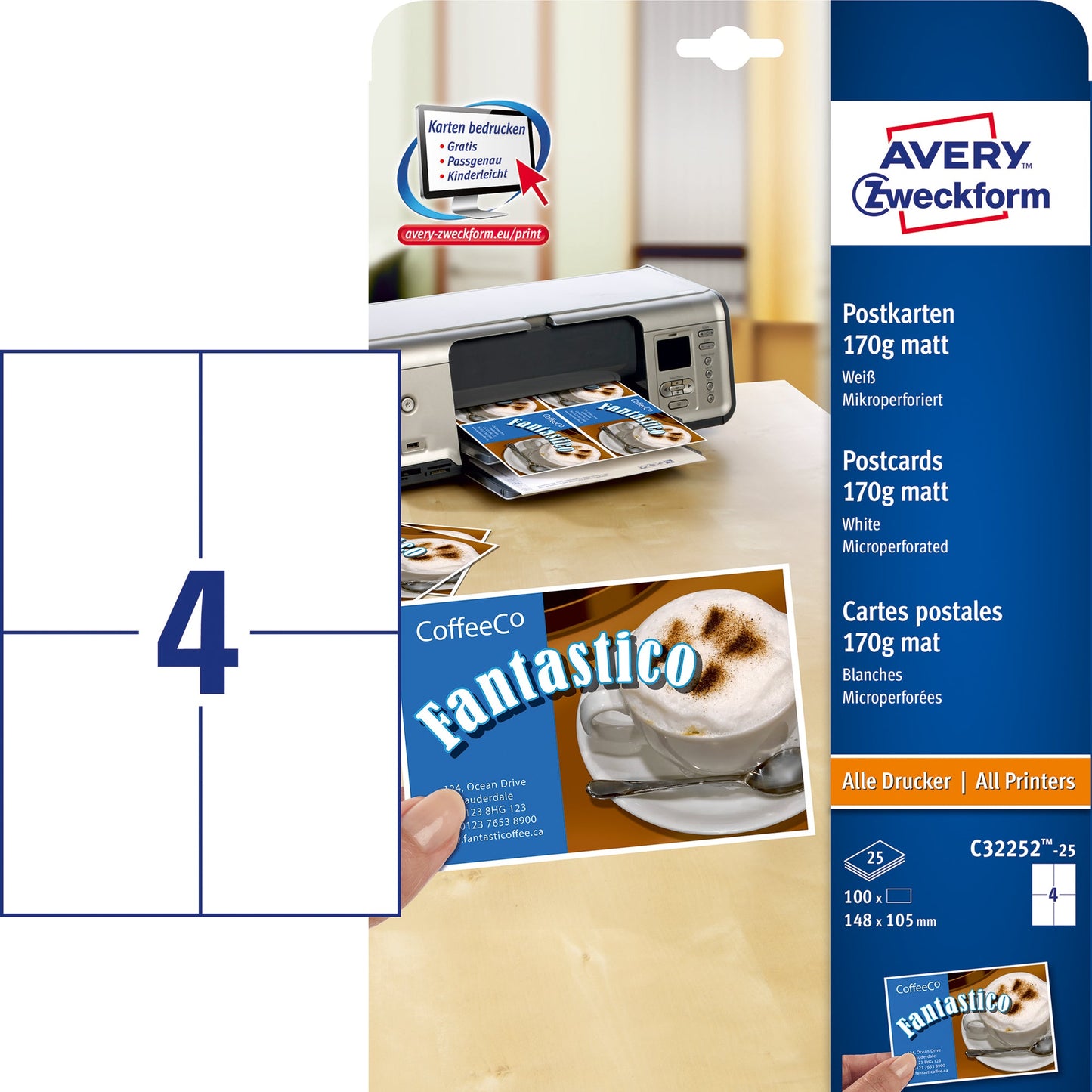 Avery Zweckform Postkarte 14,8 x 10,5 cm (B x H) 170g/m² Karton weiß 100 St./Pack.