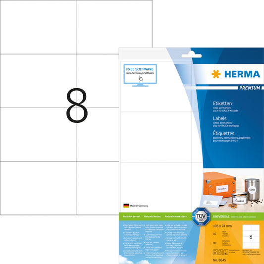 HERMA Universaletikett PREMIUM 105 x 74 mm (B x H) nicht wieder ablösbar Papier weiß 80 Etik./Pack.
